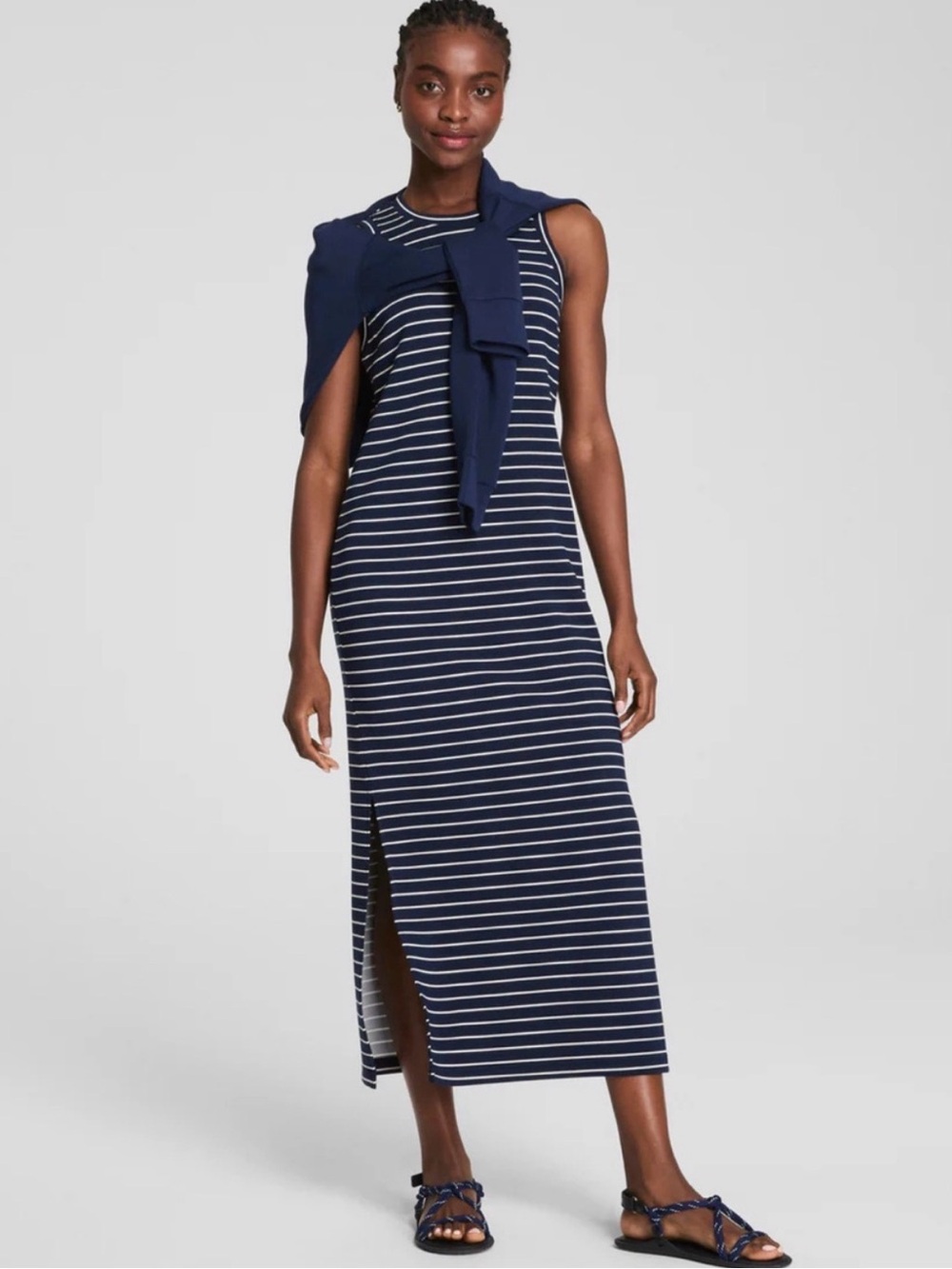 SPANX AirEssentials Stripe Sleeveless Maxi Tank Dress Navy White L